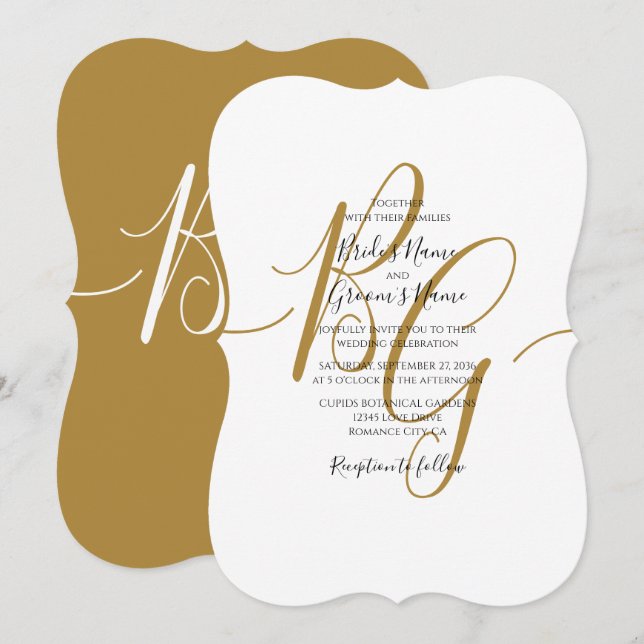 Simple Elegant Golden Initials Wedding Invitations (Front/Back)