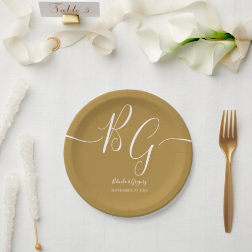 Simple Elegant Golden Initials Wedding Paper Plates