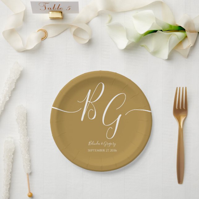 Simple Elegant Golden Initials Wedding Paper Plates (Wedding)
