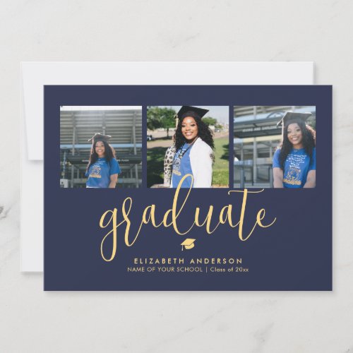 Simple Elegant Graduate 3 Photo Collage Graduation Invitation