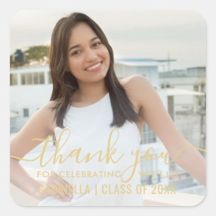 Simple Elegant Graduation Photo Gold Thank You  Square Sticker
