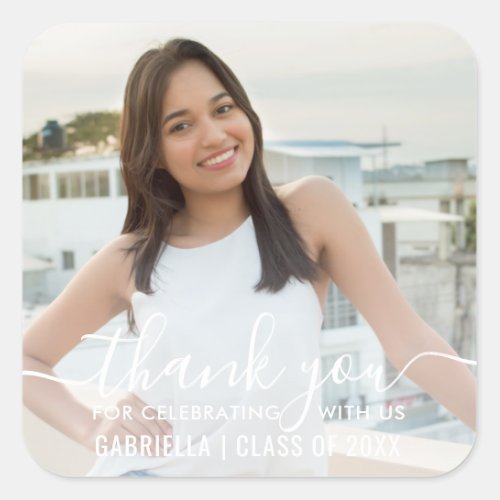 Simple Elegant Graduation Photo White Thank You Square Sticker