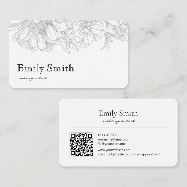 Simple Elegant Gray Floral Line Art QRCode Business Card (Front/Back)