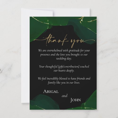 Simple elegant green and gold wedding thank you card