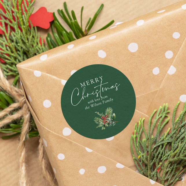Simple Elegant Green Christmas Pine Leaves Berries Classic Round Sticker (Creator Uploaded)