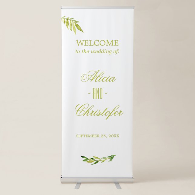 Simple elegant green foliage wedding retractable banner (Front)