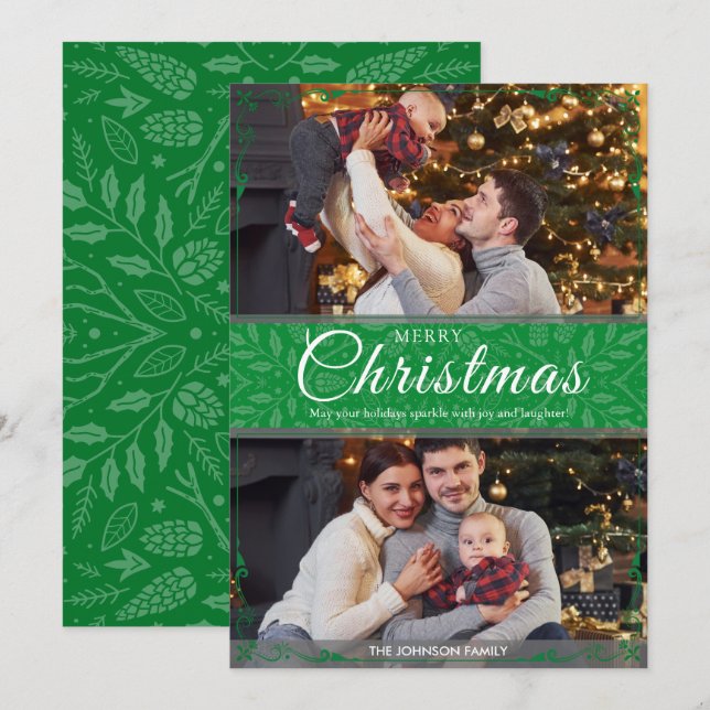 Simple Elegant Green Frame 2 Photo Christmas Holiday Card (Front/Back)