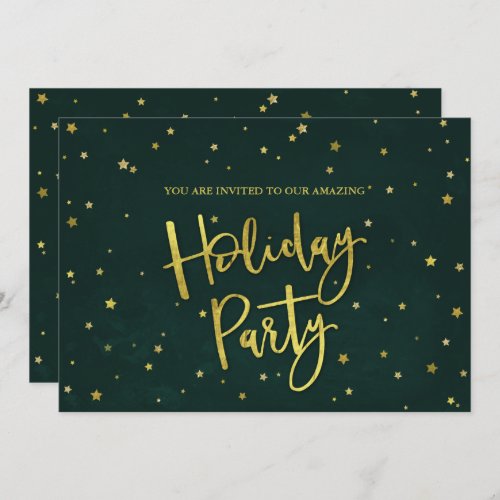 Simple Elegant Green  Gold Stars Holiday Party Invitation