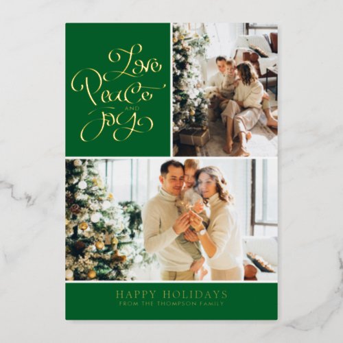 Simple Elegant Green Love Peace Joy Photo Collage Foil Holiday Card