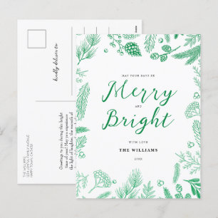 Simple Elegant Green Merry and Bright Christmas Holiday Postcard