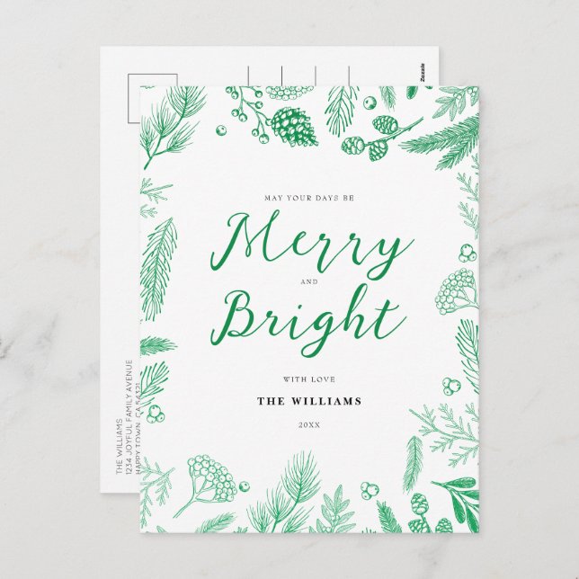 Simple Elegant Green Merry and Bright Christmas Holiday Postcard (Front/Back)