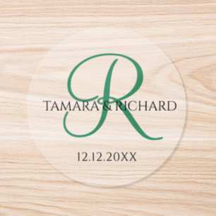 Simple Elegant Green Monogram Couple Names Wedding Classic Round Sticker