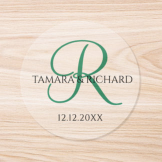 Simple Elegant Green Monogram Couple Names Wedding Classic Round Sticker