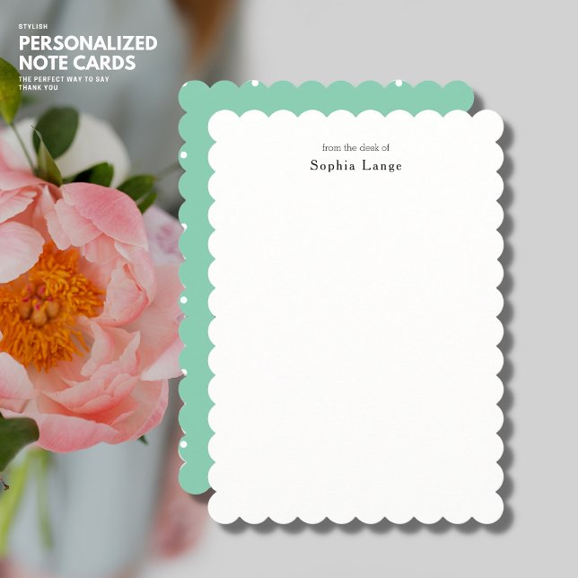 SImple Elegant Green Scalloped Edge Monogram Note Card (Creator Uploaded)