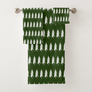 Simple Elegant Green & White Evergreen Trees Bath Towel Set