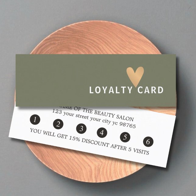 Simple Elegant Green White Faux Gold Heart Loyalty Card (Creator Uploaded)