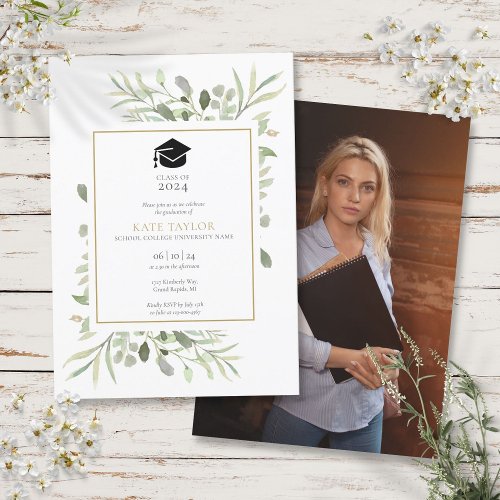 Simple Elegant Greenery Photo Graduation Party Invitation