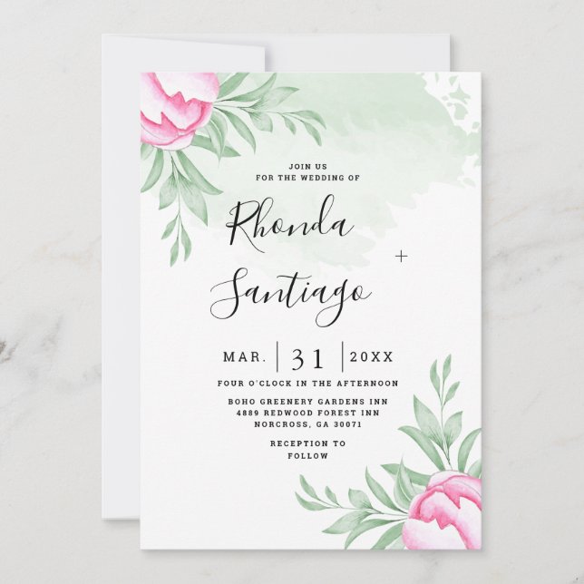 Simple Elegant Greenery Rose Minimal Gold Wedding  Invitation (Front)