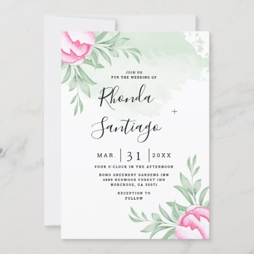 Simple Elegant Greenery Rose Minimal Gold Wedding  Invitation