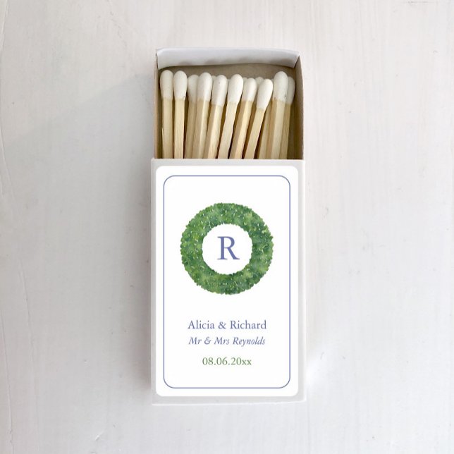 Simple Elegant Greenery Wreath Monogram Wedding Matchboxes (Smart boxwood wreath with single letter monogram wedding matches)