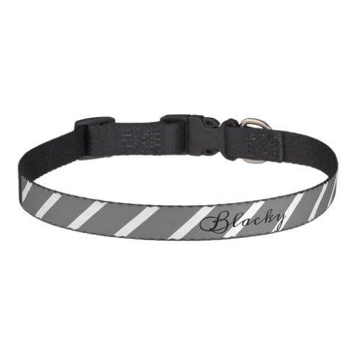 Simple Elegant Grey and White Stripe Script Name Pet Collar - Simple and elegant grey and white stripe pattern dog collar with a dog`s name in black script - personalize the collar with your dog`s name.