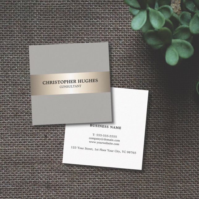 Simple Elegant Grey Faux Copper Stripe Consultant Square Business Card