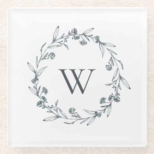 Simple Elegant Grey Floral Laurel Wreath Monogram Glass Coaster