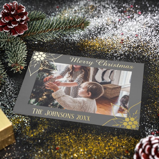 Simple Elegant Grey Poinsettia Christmas Photo Foil Holiday Card (Creator Uploaded)