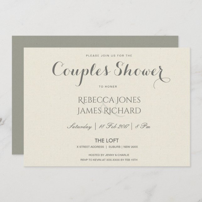 SIMPLE ELEGANT  GREY TYPOGRAPHY COUPLES SHOWER INVITATION (Front/Back)
