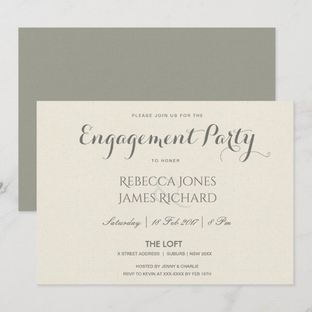 SIMPLE ELEGANT GREY TYPOGRAPHY ENGAGEMENT INVITATION (Front/Back)