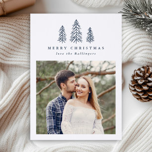 Simple Elegant Hand Drawn Pines Christmas Holiday Letterpress Photo Cards