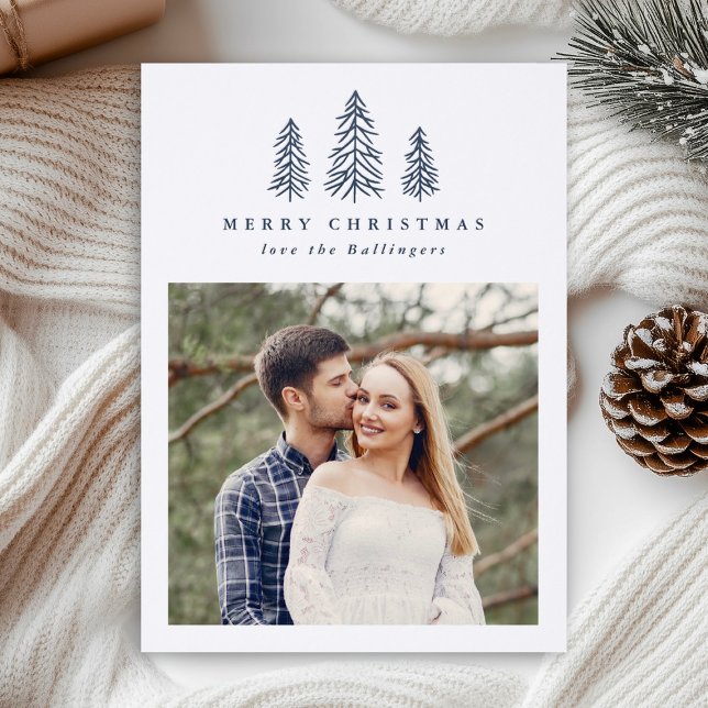 Simple Elegant Hand Drawn Pines Christmas Holiday Letterpress Photo Cards (Creator Uploaded)