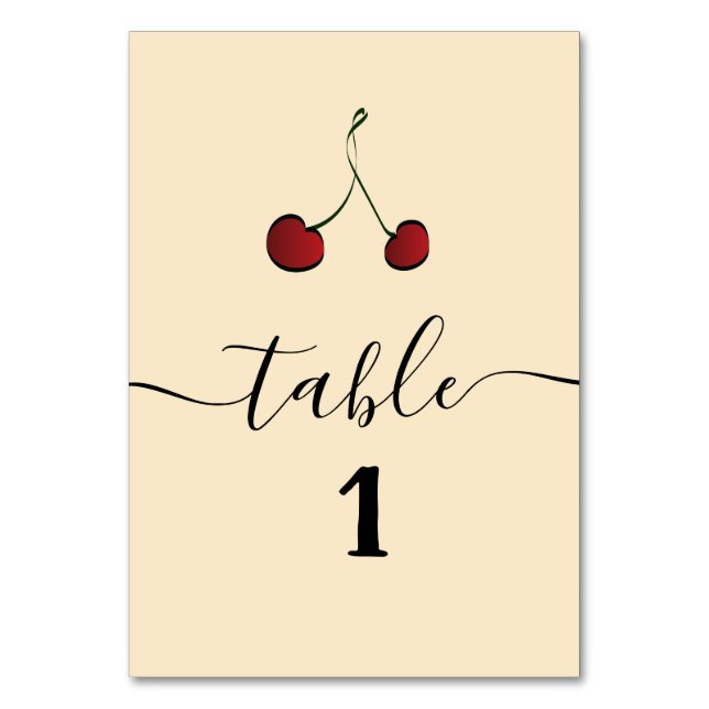 Simple elegant hand drawn whimsy red cherry table number (Front)
