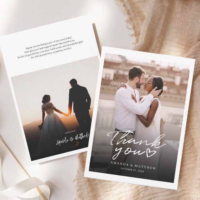 Simple Elegant Hand-Lettered Photo Wedding Thank You Card (Elegant Wedding Day 2 Photos Thank You Card)
