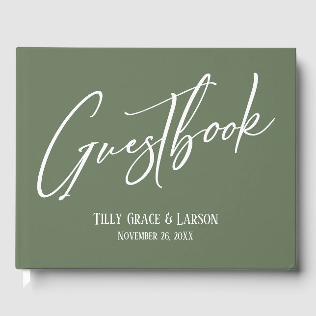 Simple Elegant Handwriting Olive Green Guestbook (Front)