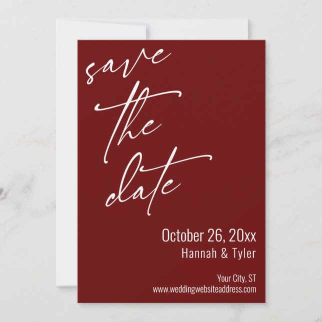 Simple Elegant Handwriting Script Burgundy Save The Date (Front)