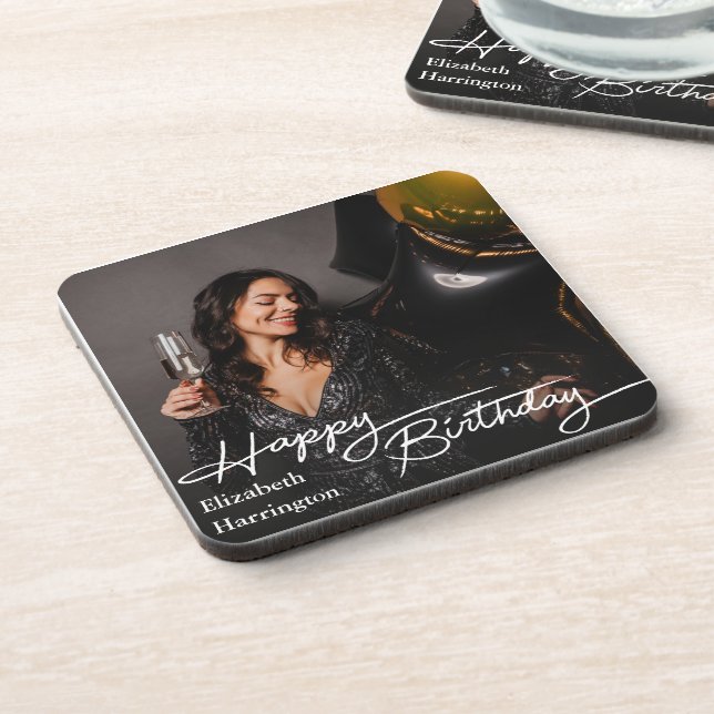 Simple Elegant Happy Birthday Photo Beverage Coaster (Left Side)