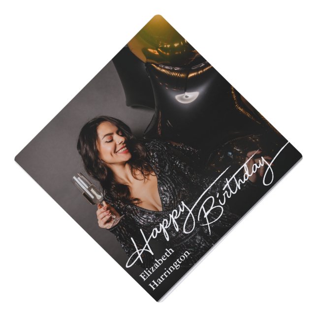 Simple Elegant Happy Birthday Photo Graduation Cap Topper (Front)
