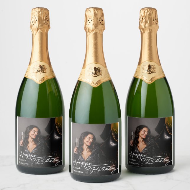 Simple Elegant Happy Birthday Photo Sparkling Wine Label (Bottles)