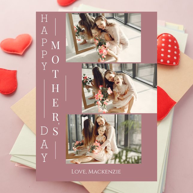 Simple Elegant Happy mothers Day Three photo Holiday Card (Creator Uploaded)