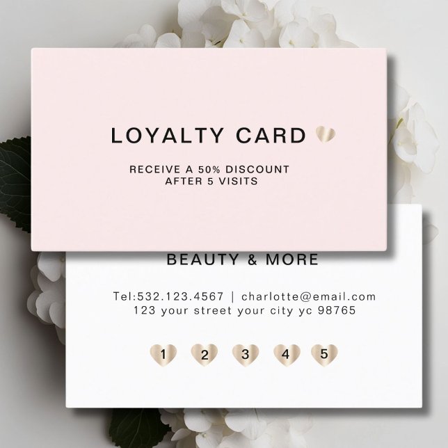 Simple Elegant Heart 5 Visit Loyalty Card (Personalized Simple Elegant Heart 5 Visit Loyalty Card Pink White Gold.)