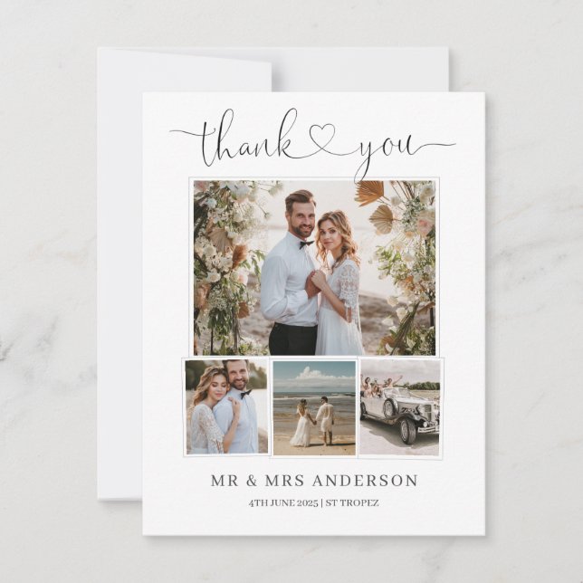 Simple Elegant Heart Wedding Photo Thank You Card (Front)