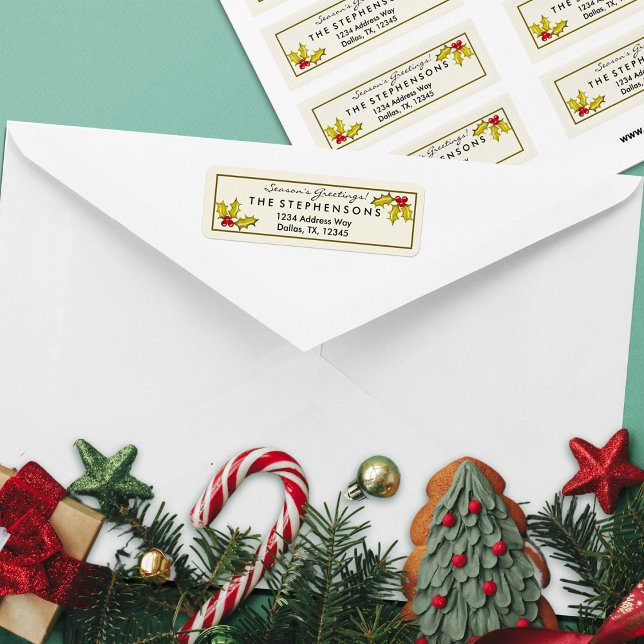 Simple Elegant Holly and Berries Modern Christmas Label (hand painted holly and berries family return address sticker)