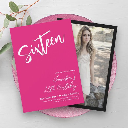 Simple Elegant Hot Pink White Sweet 16 Script  Invitation