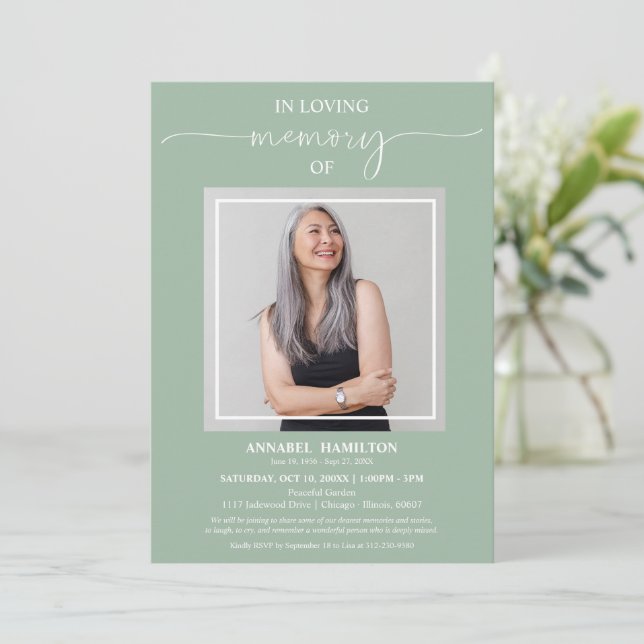 Simple Elegant In Loving Memory Funeral Photo Invitation (Standing Front)