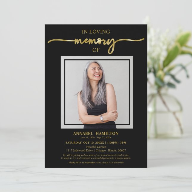 Simple Elegant In Loving Memory Funeral Photo Invitation (Standing Front)