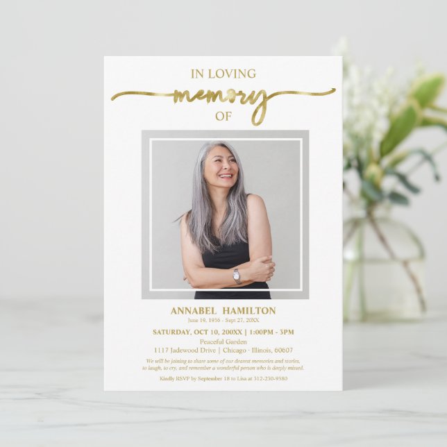 Simple Elegant In Loving Memory Funeral Photo Invitation (Standing Front)