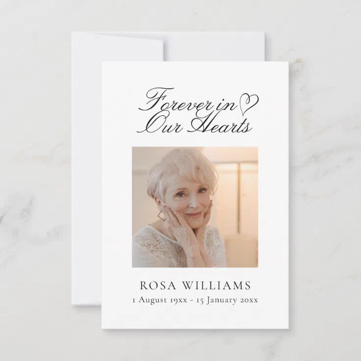 Simple Elegant In Our Hearts Funeral Memorial Card | Zazzle