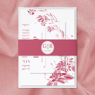 Simple elegant initials viva magenta pink wedding invitation belly band