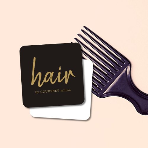 Simple Elegant Ivory Black Golden Hair Stylist Square Business Card